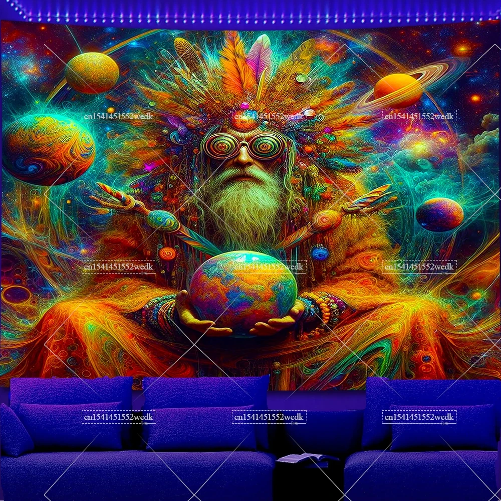 Shaman Blacklight Tapestry UV Reactive Glowing Galaxy Space Black Light Tapestry Spiritual Aesthetic Wall Art Neon Backdrops