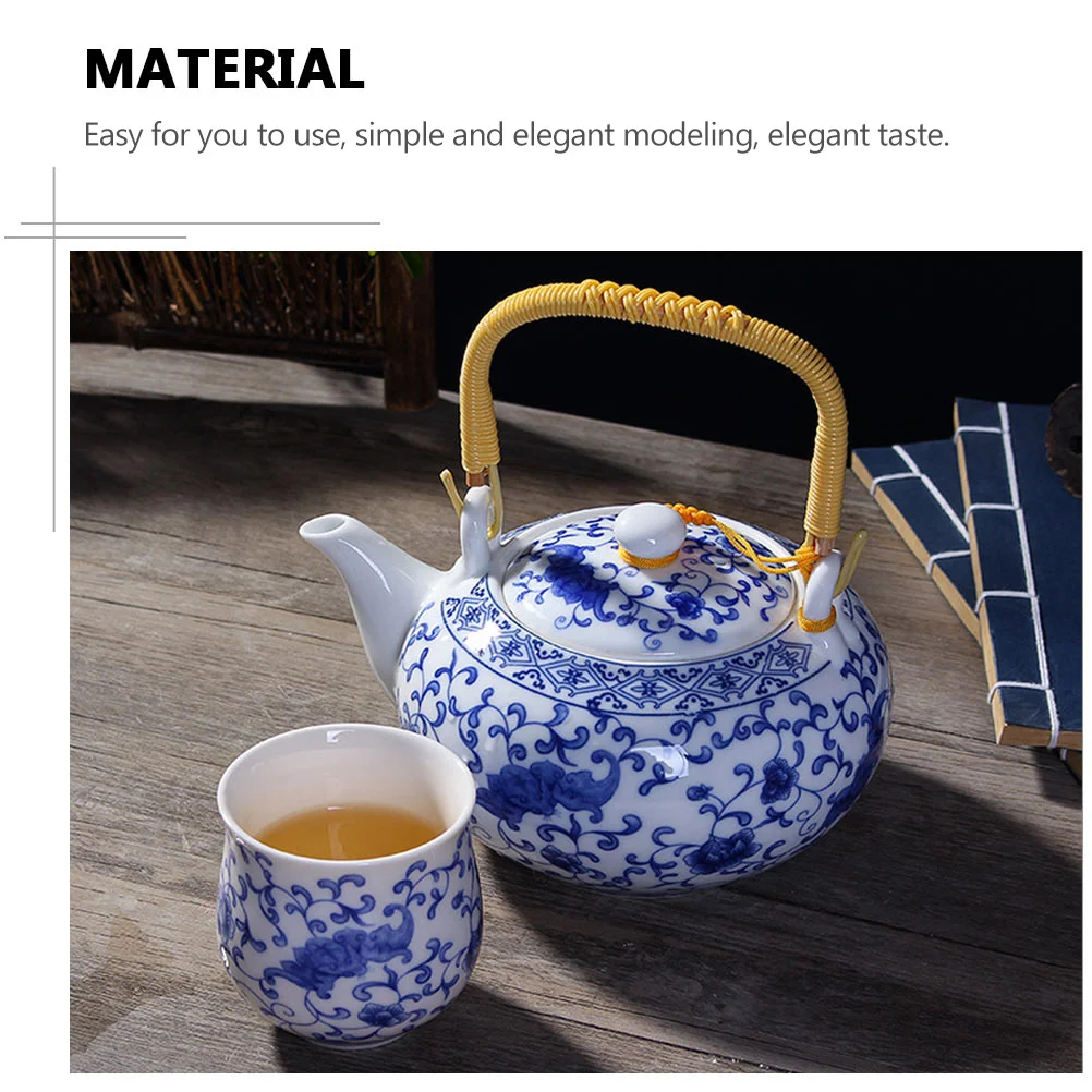 

Vintage Blue and White Porcelain Handle Teapot Large Capacity Handmade Ceramic Pot for Home Office Outdoor Use Smooth