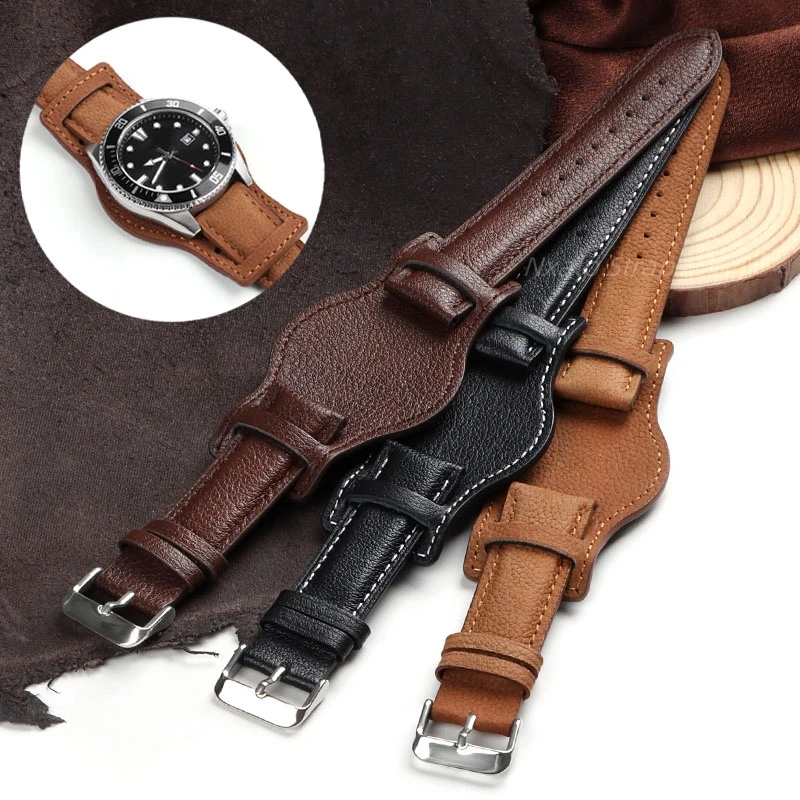 Retro Leather Cuff Watch Band 18mm 20mm 22mm Handmade Men's Watch Strap With Mat Wrist Protection Business Watch Band Universal