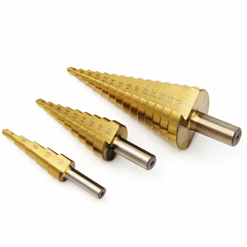 HSS Step Drill Bit Set Includes 4-12mm 4-20mm and 4-32mm Sizes for Progressive Hole Enlargement on Multiple Substrates