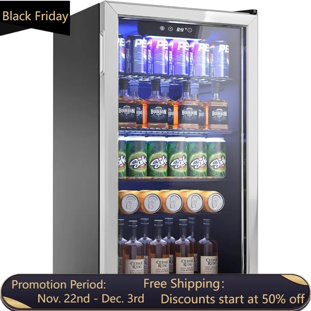 Beverage Refrigerator Cooler - 126 Can Mini Fridge with Glass Door for Soda Beer or Wine, with Adjustable Removable Shelves