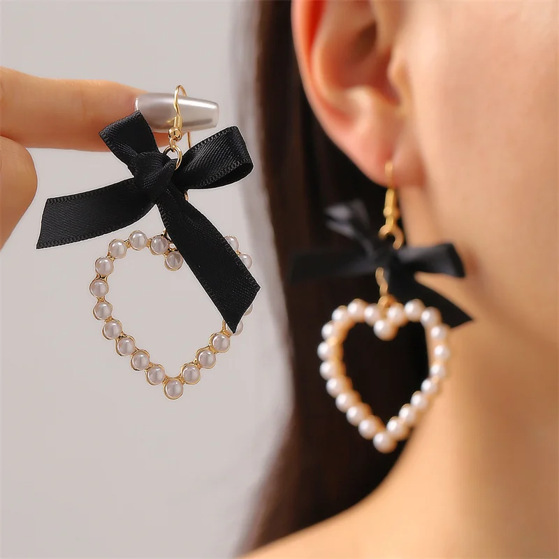 Fashion Large Bowknot Ribbon Earrings For Women Exquisite Imitation Pearl Love Heart Shape Pendant Earring Party Charm Jewelry