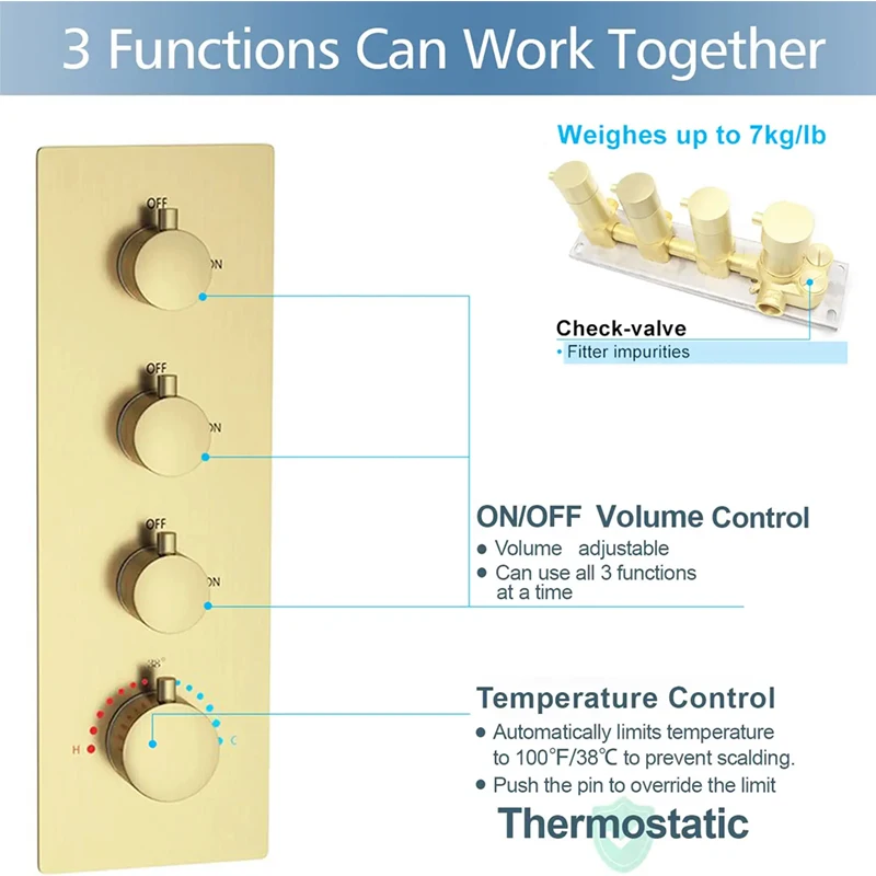 HOMEDEC Brushed Gold 3 Function 3 Way 4 Handles Concealed Thermostatic Shower Water Diverter Valve With Round Knobs