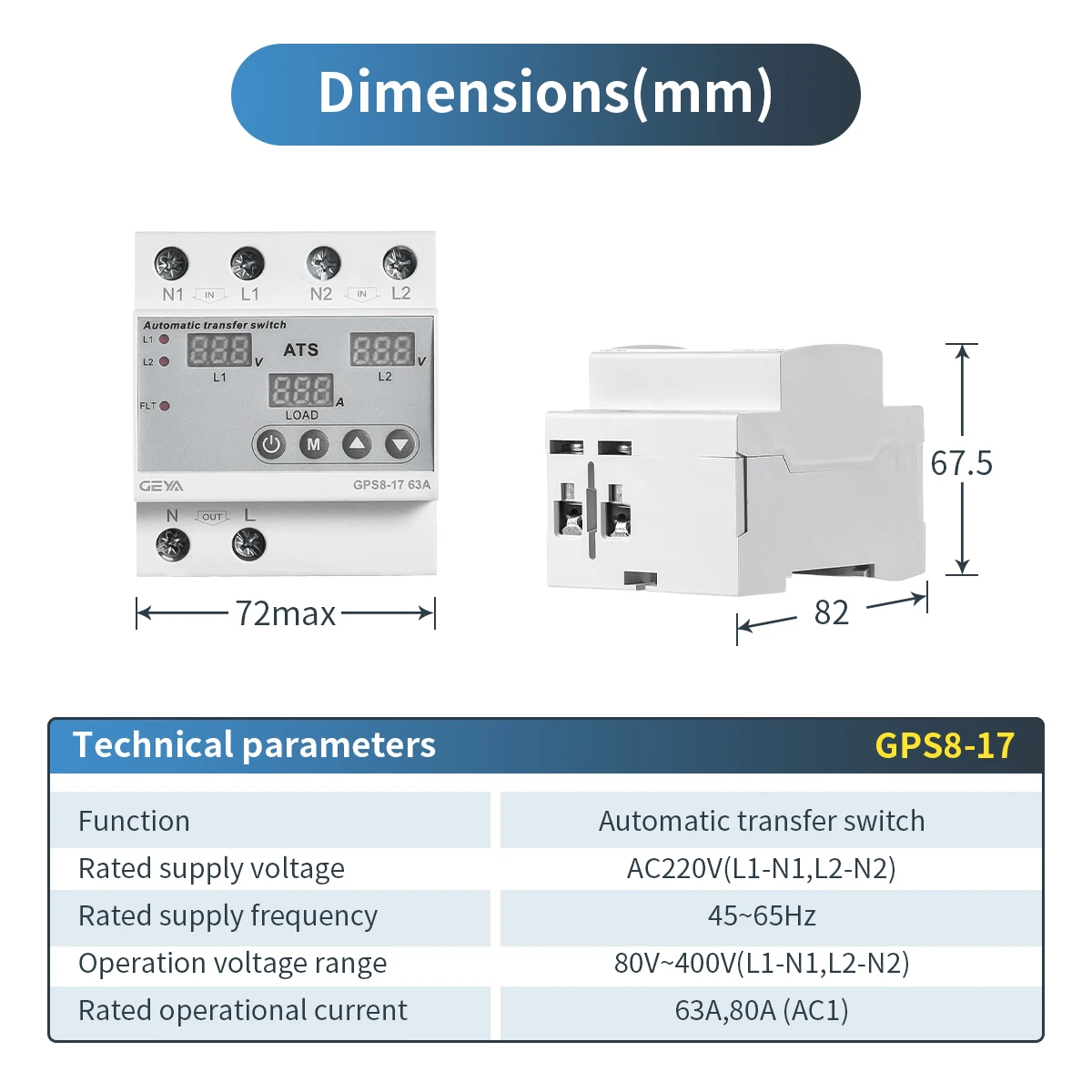 GEYA 63A 220V Automatischer Transferschalter ATS Einstellbarer Über-/Unterspannungs- und Stromschutz Doppelstrom-Umwandlungsüberwachungsrelais – Detail 4