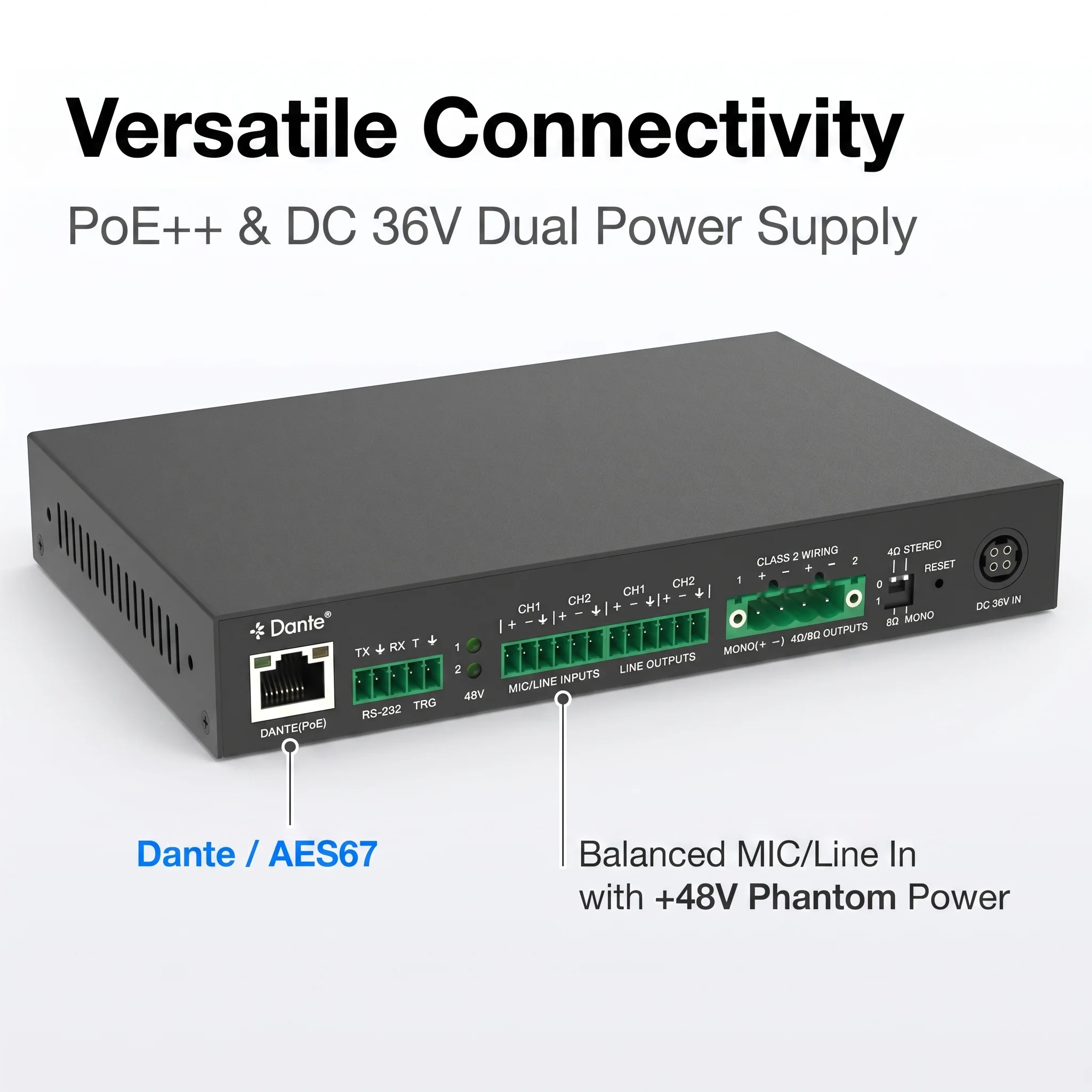70W Class‑D Amplifier Dante AES67 2x35W@4/8Ω/1x70W Mono +48V Phantom 8‑Band PEQ DSP PoE++ DC36V RS‑232 Web‑GUI Metal Housing