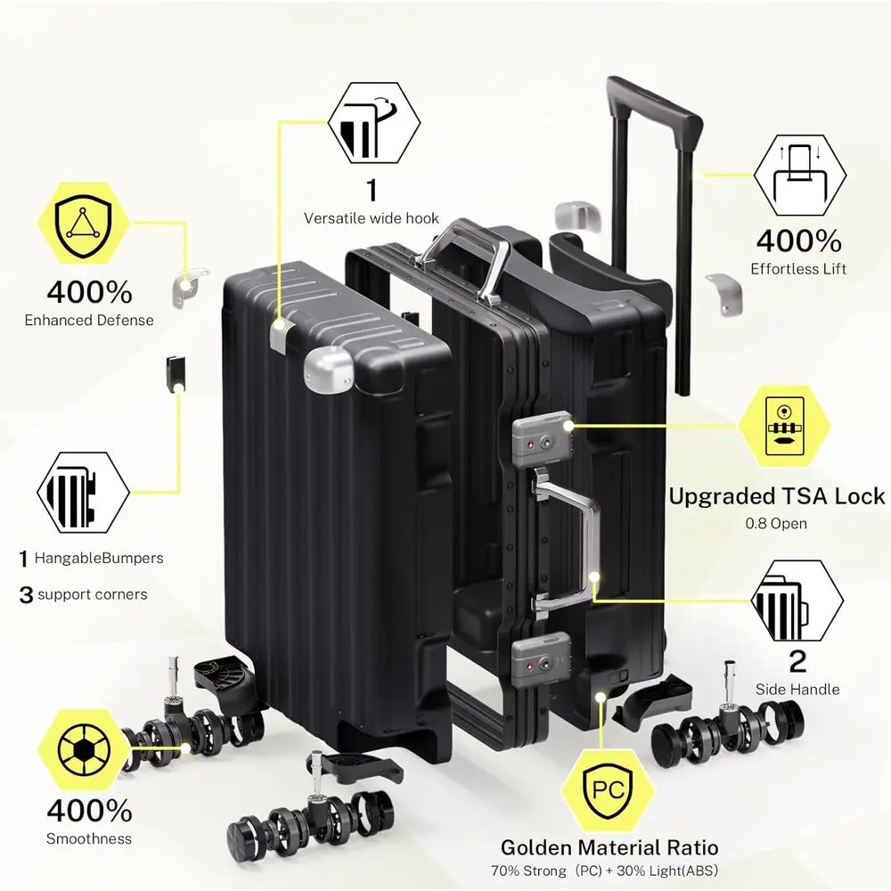 20 Aluminum Frame Spinner Suitcase - Hardshell PC+ABS with TSA Lock, No Zipper
