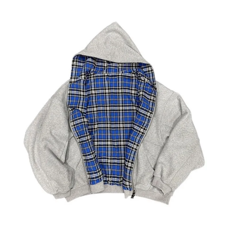 Women Double Sided Wear Zip Up Hoodie Plaid Lined Oversized Loose Sweatshirt Korean Casual Couple Winter Warm Hooded Jacket