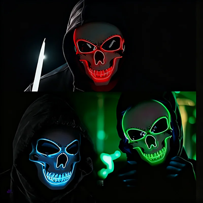 قناع جمجمة رعب الهالوين قناع الضوء البارد LED - مناسب للهالوين، يوم الموتى، عيد الفصح - قناع توهج الرعب للبالغين، القاعة