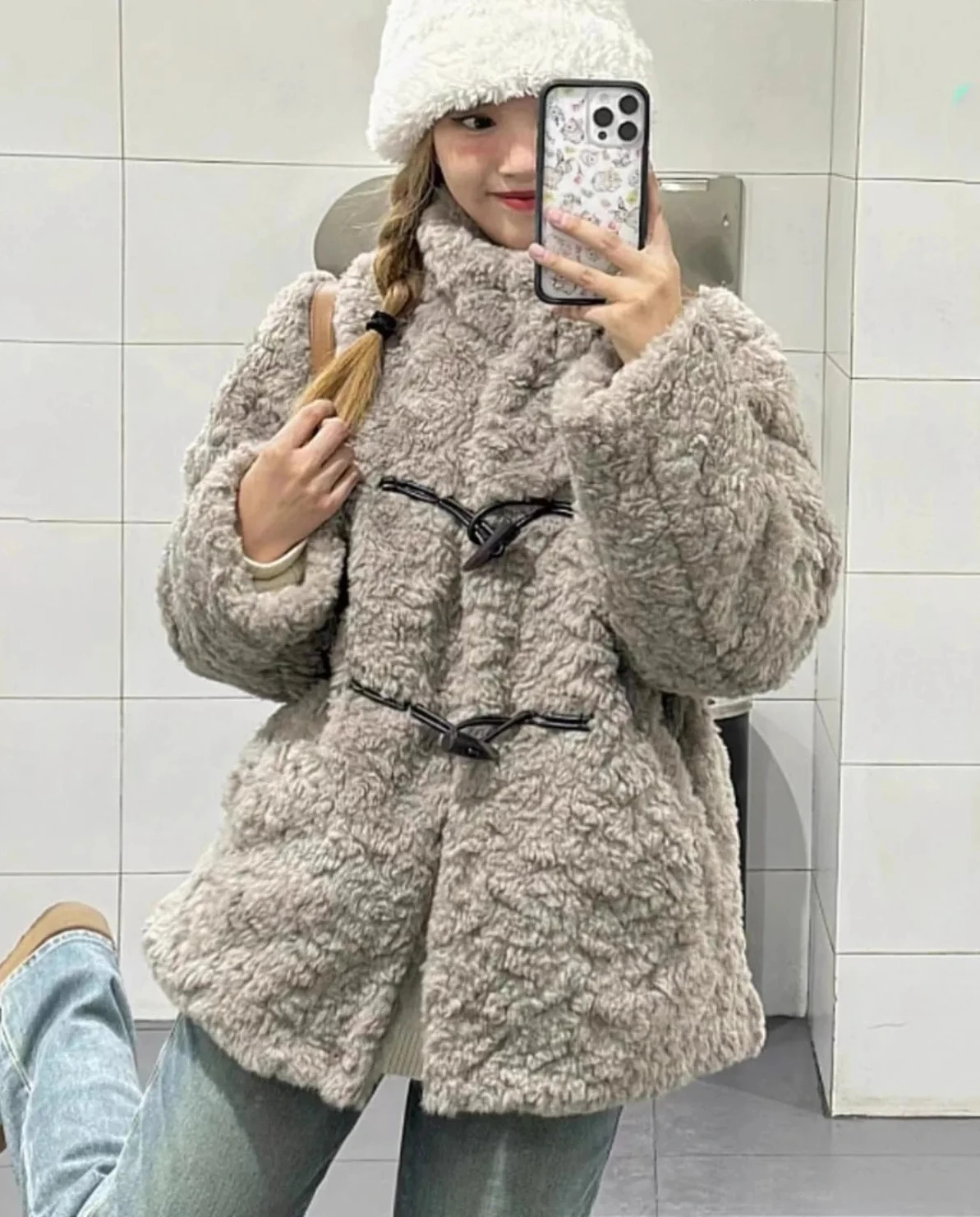 

Lamb Fur Stand Collar Middle Length Inteated Leather And Fur Winter Warm Thiened Button Closure Women's Coat