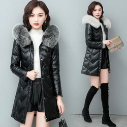 Winter Women Warm Sheepskin White Duck Down Jacket Hood Puffer Coat Fox Fur Collar Thick Luxury Outerwear real Leather Coats