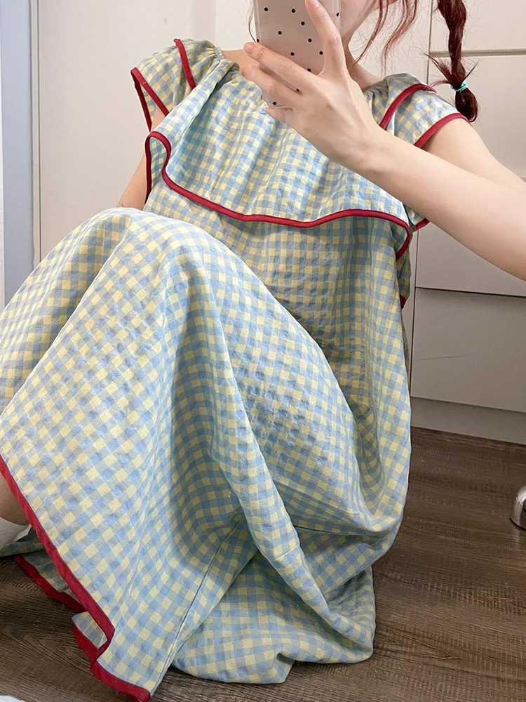 

Sweet Plaid Sp Dr Women's Sle Summer 2024 New Fre Home Clothes Midi Svel Nightgown Polyester Fabric Youth Sui...