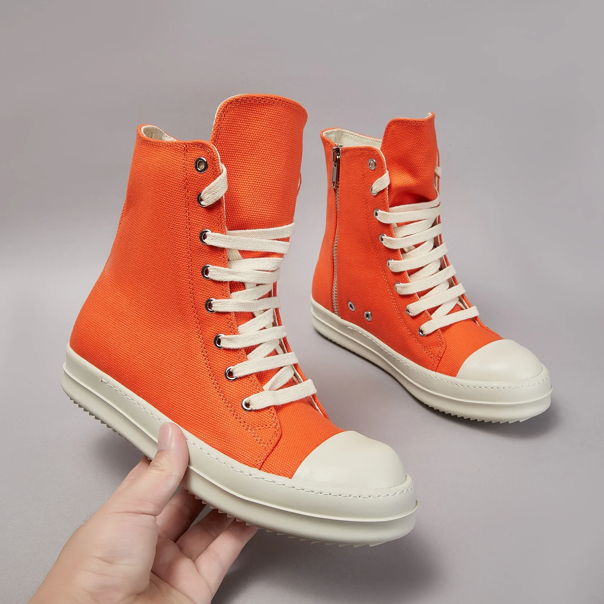 Brand Casual Men Shoe High Top Women Sneaker Quality Ricks Orange Designer Fashion Zipper Thick-sole Owen Platform Canvas Shoe