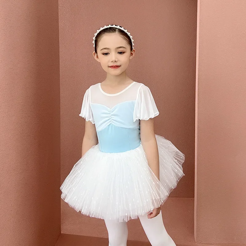 

Girls' dance costumes, short sleeved light blue exercise costumes, children's summer physical attire, and girls' ballet dance co