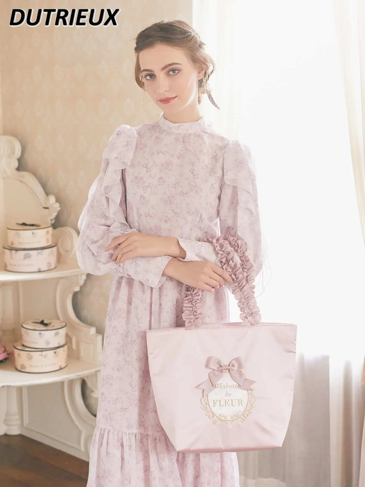 Sweet Cute Ladies' Bags Japanese Style Pink Bow Pleated Handle One Shoulder Bag Female Spring Autumn 2024 New Women's Handbags