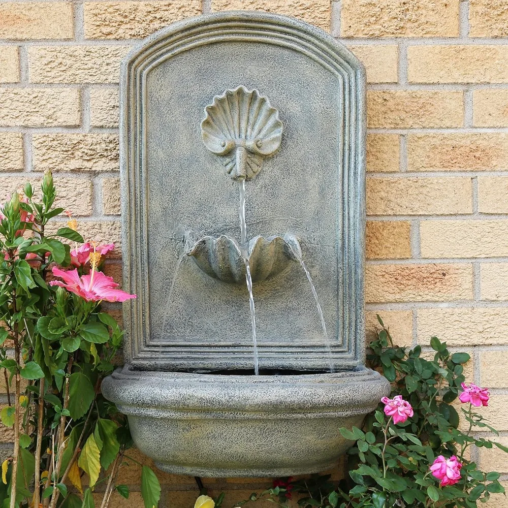 Seaside 27-Inch Polystone Solar Wall Water Fountain with Battery Backup - French Limestone