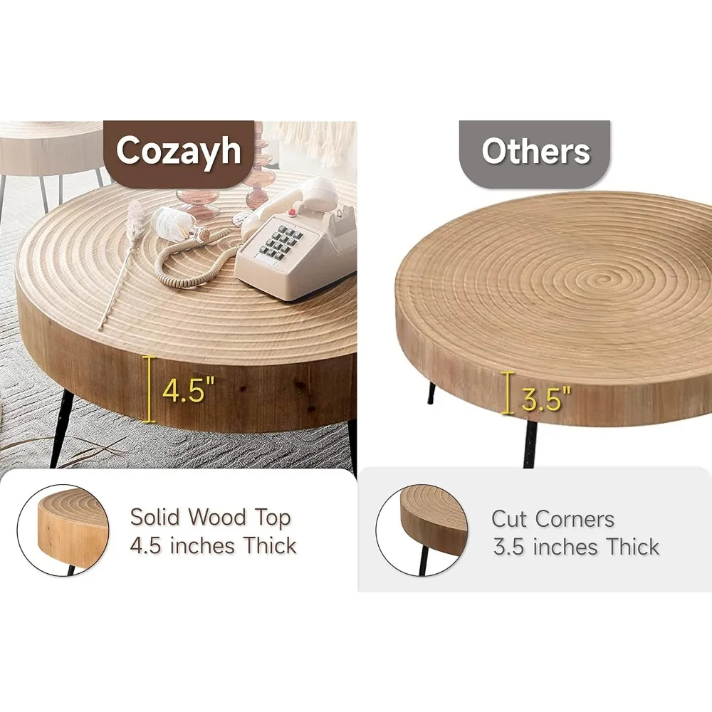 2-teiliges Boho-Couchtisch-Set für das Wohnzimmer, runder Satztisch mit natürlichem Finish und handgefertigtem Holzringmotiv,