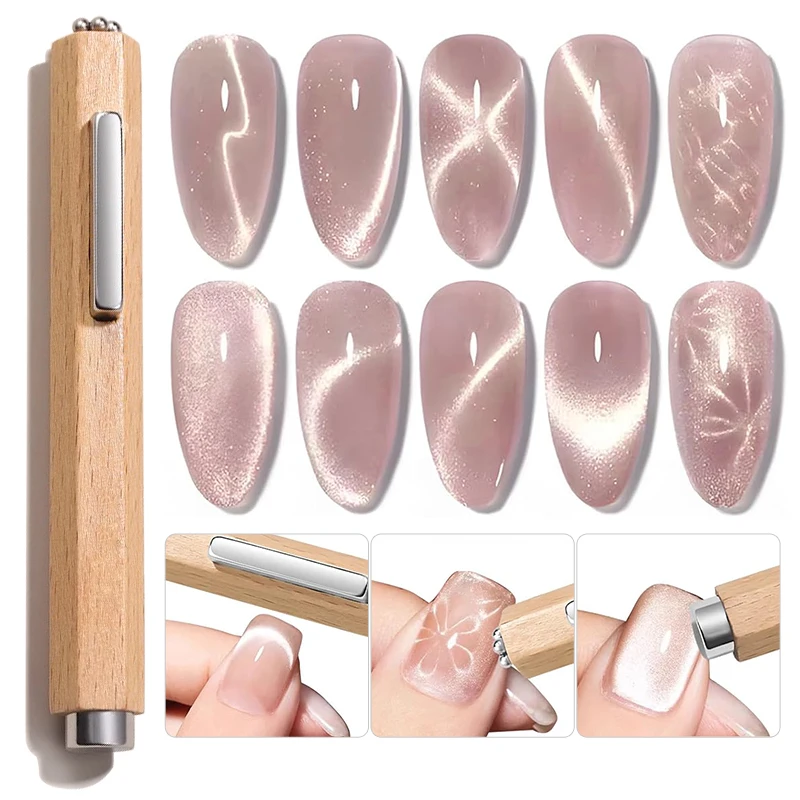 

3-in-1 Cigar-Sized Cat Eye Magnet Stick Wand Design with Large Round Magnet Sleek Wooden Handle Strong Magnetic Nail Art Tool