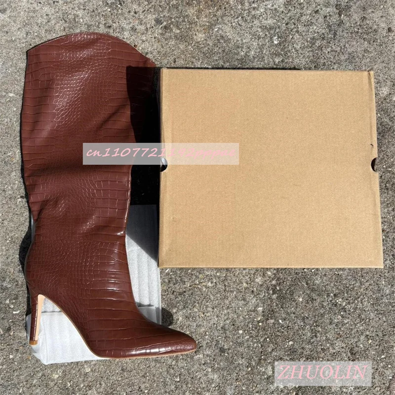 

Women'S Retro Red Mid-Calf Boots Pointed Stiletto Heel Stone Pattern Slip-On Knee-High Boots Simple Party Solid Big Size Boots