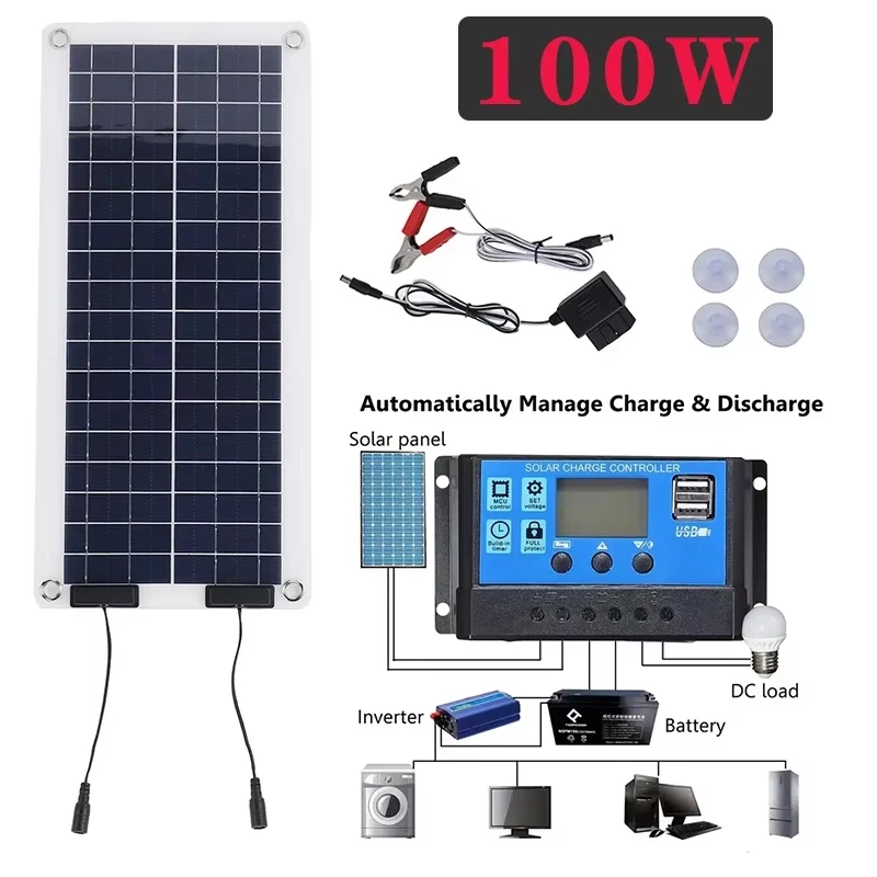 

Портативная солнечная панель 100 Вт + контроллер 10 А, водонепроницаемый USB-порт, солнечная энергия, зарядка аккумулятора 5 В для наружного кемпинга, телефона, внешний аккумулятор