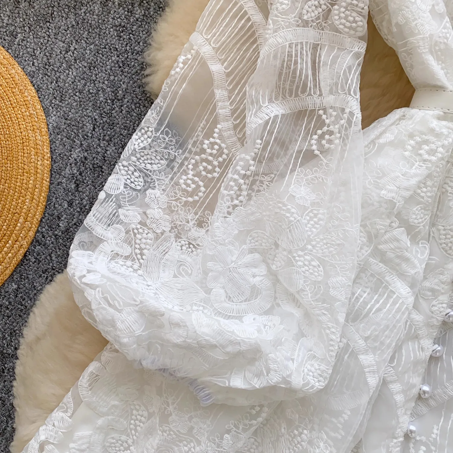 Luxury Women French White Lace Dress 2025 Summer Embroidery Flower Mesh Stitching Pearl Buttons Belt Mini Party Vestidos - Image 4