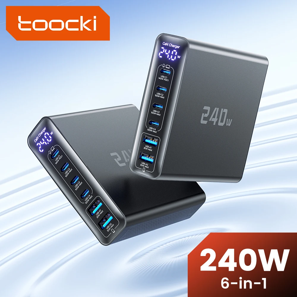 Зарядное устройство Toocki 240W GaN USB C с кабелем 1,5 м, U-образным основанием, цифровым дисплеем, настольное, для быстрой зарядки MacBook и iPhone