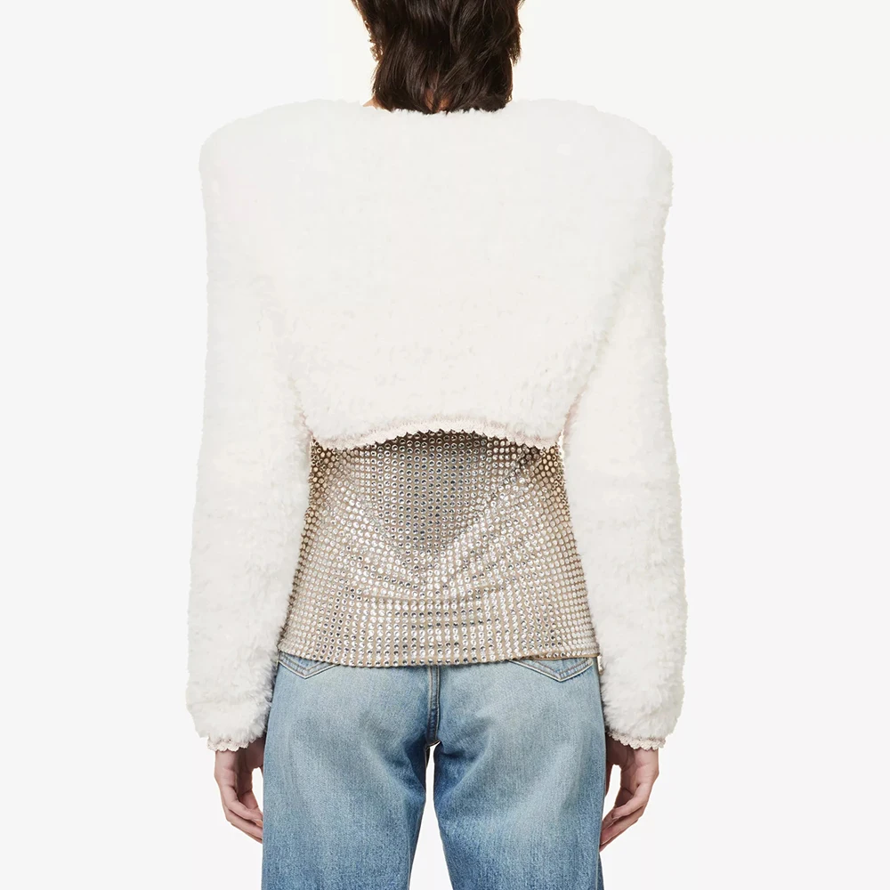 2023 Autumn And Winter New Cardigan Y2k White Short Plush Round Neck Long Sleeve Knitted Top Fashion Temperament Peplum Jacket