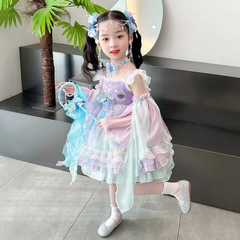 Girl Birthday Tulle Backless Lolita Wedding Ball Gown Party Dress Princess Embroidery Floral Shiny Baby Children Lace Sundress