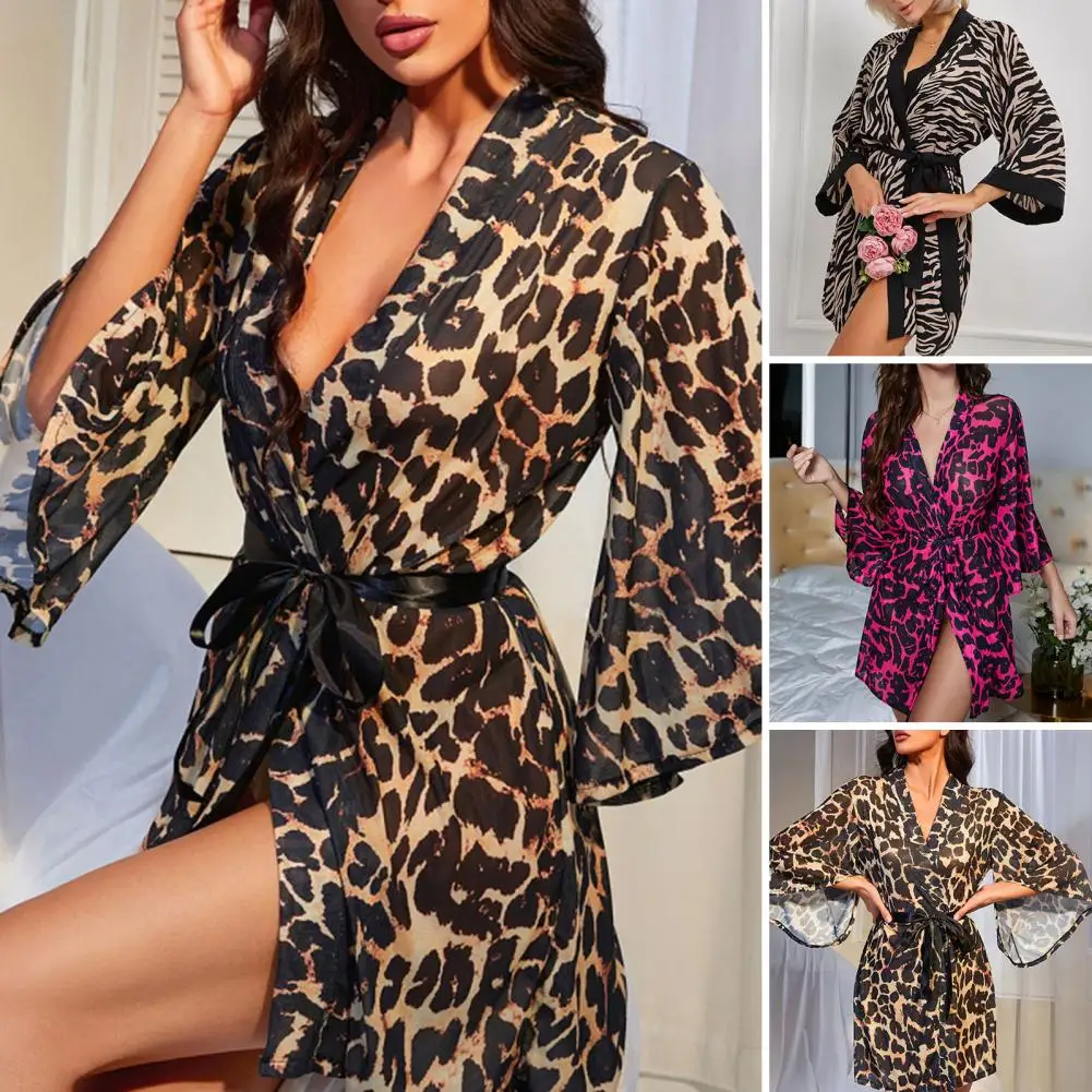 Lady Nightgown With Adjustable Waist Ties Leopard Cardigan Three Quarter Sleeves Homewear Nightgown Bedroom Bathroom Sleepwear