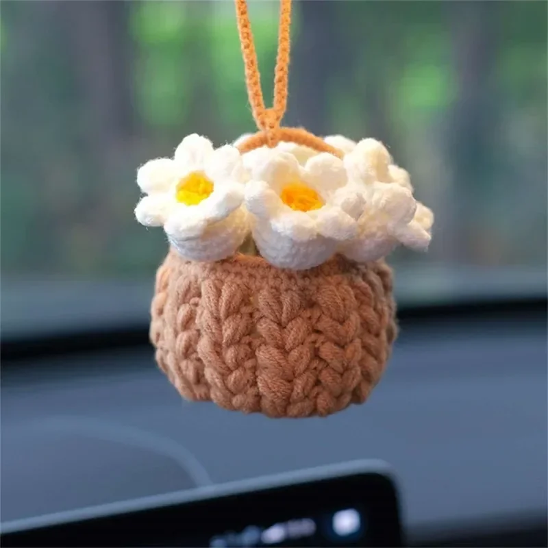 Cute Car Accessories,Car Mirror Decor Knitted Flower Baskets Car Rearview Mirror Handmade Crochet Pendant Ornament Gift Bonsai