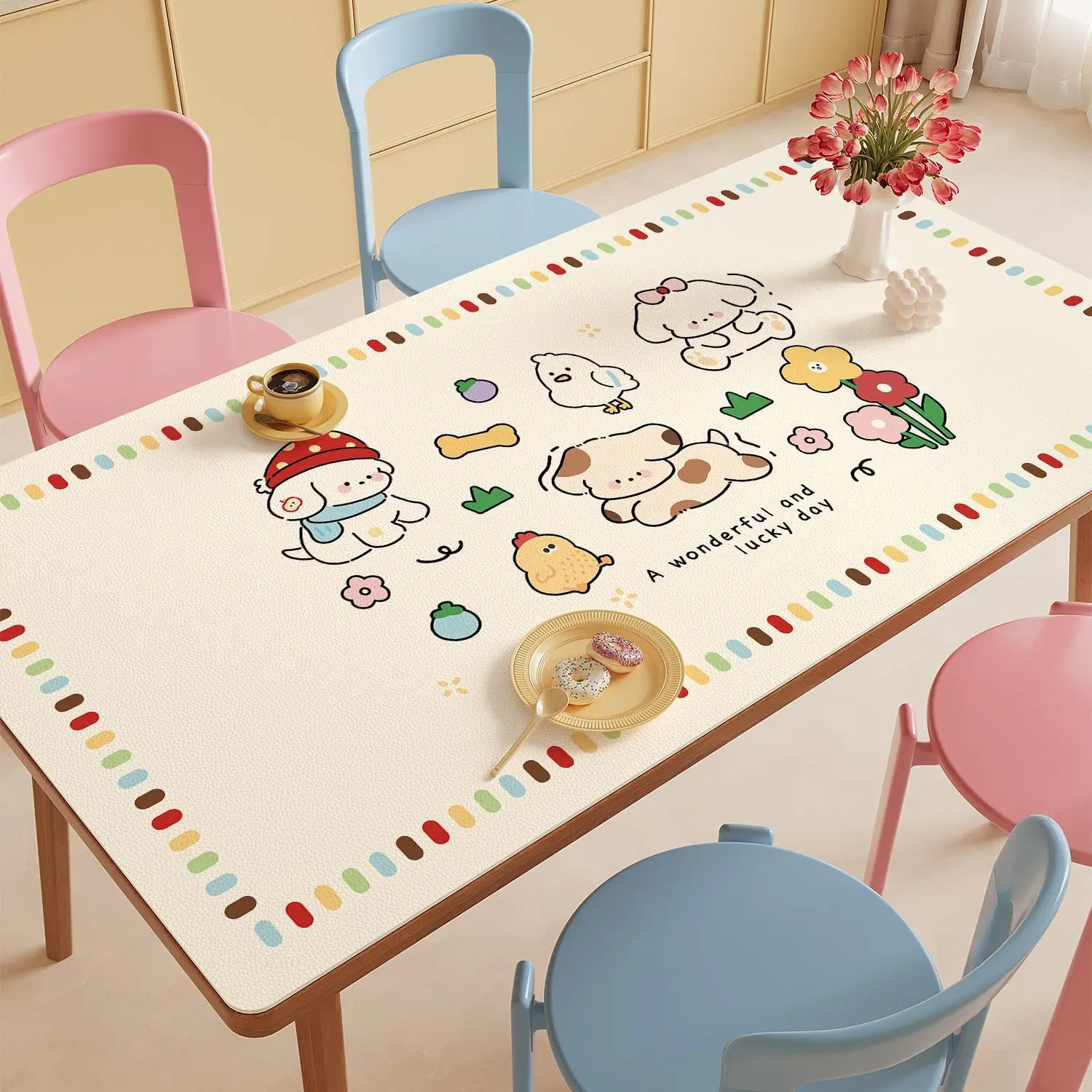 Waterproof Oil-Proof Leather Student Table Mat, Heat Resistant Placemat, Anti-Slip Easy Clean Cuttable Dining Table Cloth