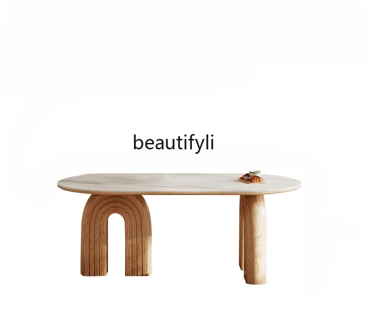 Japanese cream style solid wood dining table modern simple small apartment household oval rock slab dining table