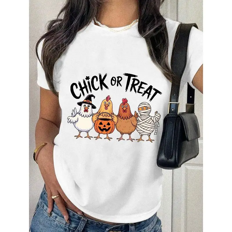 

Funny Halloween Chick Or Treat T-shirt for Women Cute Chicken Graphic Tee Humorous Trick or Treat Slogan Top Spooky Farm Gift