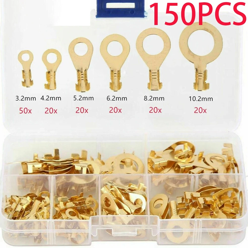 150Pcs Insulated Crimp Copper Ring Terminals Wire Connectors Spade Electrical Kit O-type Lugs Terminals Cold-Pressed Connector