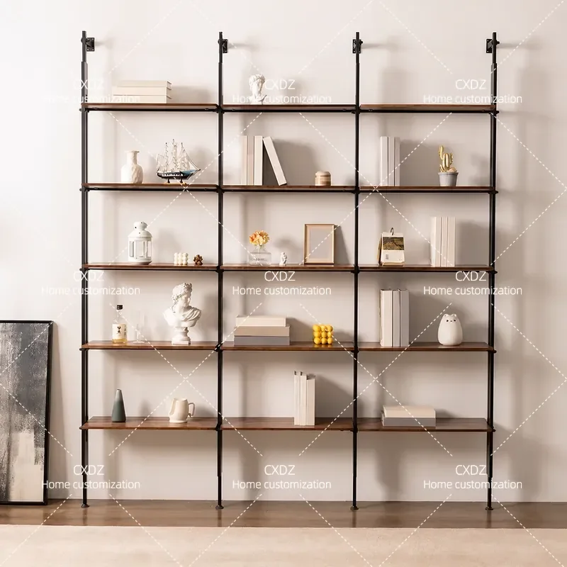 Modern Solid Wood Bookshelf Wrought Iron Multi Layer Display Rack Living Room Wall Mounted Shelf Office Full Wall Bookcase