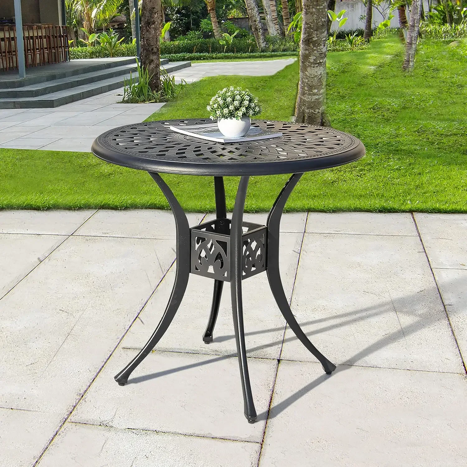 USA Stock30 Inch Patio Dining Table, Cast Aluminum Round Outdoor Table with Umbrella Hole for Patio, Backyard, Deck-Black