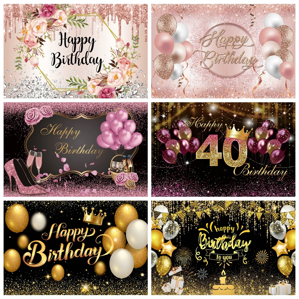 

Rose Gold Happy Birthday Backdrop for Women Pink Flower Glitter Diamonds Girl Adult Birthday Party Photography Background Decor