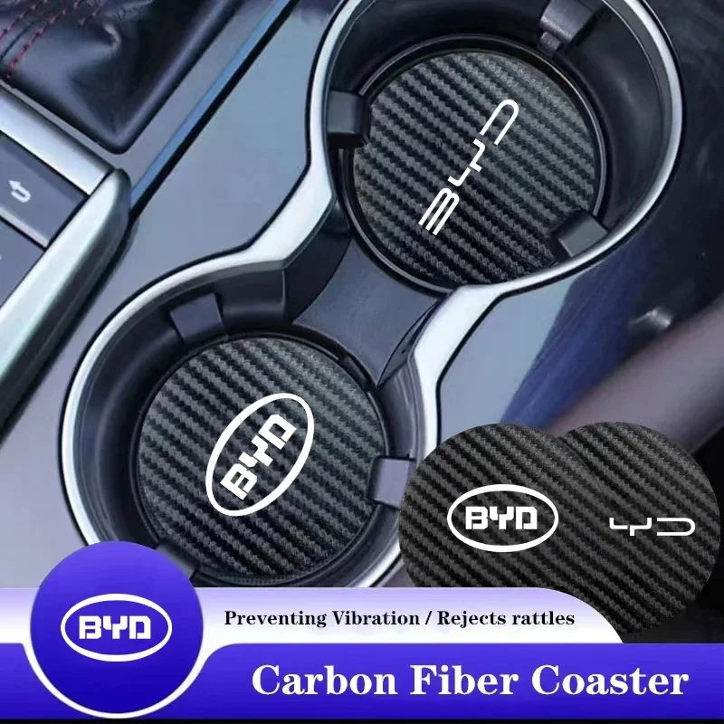 2Pcs Carbon Fiber Grain Leather Car Cup Mat for BYD ATTO 3 Shark 6 Han Tang Seal Dolphin Auto Accessories