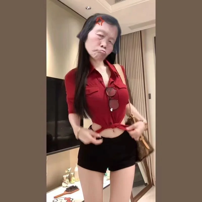 Summer 2026 Pure Desire Hot Girl Short Sleeve Shirt Slimming Waist Exposing Belly Button Sweet And Spicy Women's  Neck Top