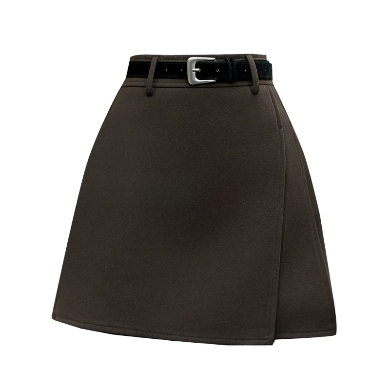 Elegant A-Line Woolen Winter Mini Skirt Women Vintage Streetwear Black Brown Ruffled Skirts With Shorts High Waist Falda Plisada