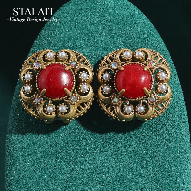 

Vintage Natural Stone Glaze Red Earrings For Woman Pearl Jewelry Chinese Square Charm Gold Color Accessories Antique 2025 New