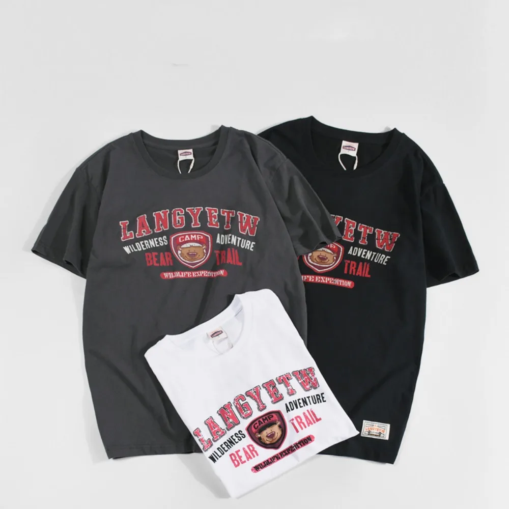 

Summer new Japanese Harajuku washed woolen cotton T-shirt men short sleeve loose large size T-shirt cartoon printed top