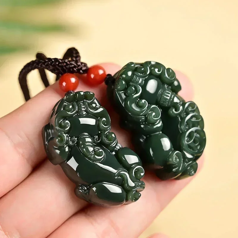 New Beautiful Natural Dark Green HeTian Jade Carved Chinese Coin PiXiu Lucky Pendant Amulet Necklace for Man Charm Fine Jewelry