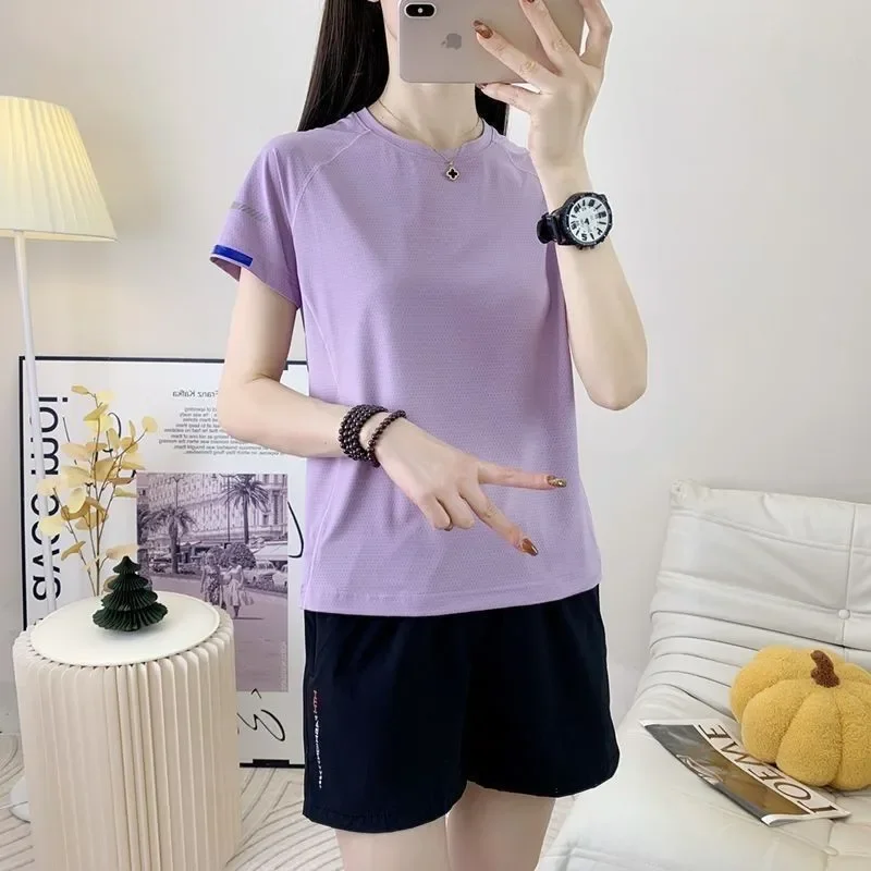 

Women's Purple Loose Fit Short Sleeve O Neck T Shirt High Stretch Sport Casual Top for Summer