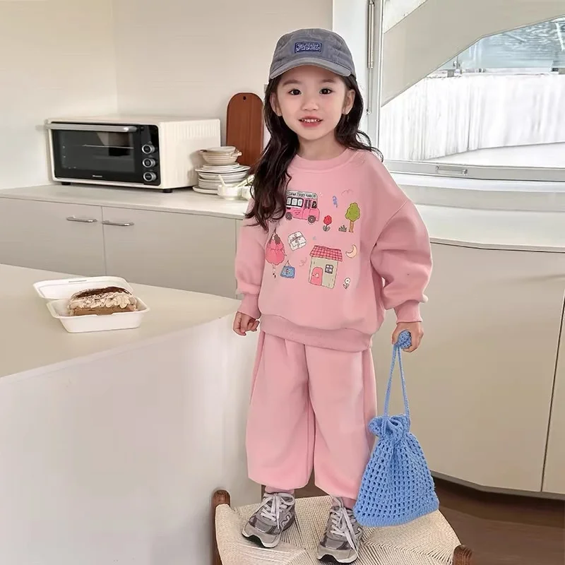 New Girls Tracksuit Sets Autumn Teen Cartoon Print Pullover Suits Children Fashion Long Sleeve 2 Pcs Kids Sweatshirt Outfits