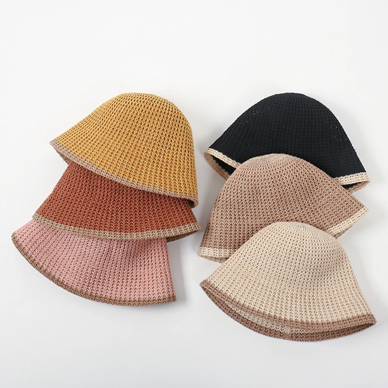 Breathable Knitted bucket Hat Spring and Summer hats for women Vintage Knitting Color blocked milk silk three-dimensional caps