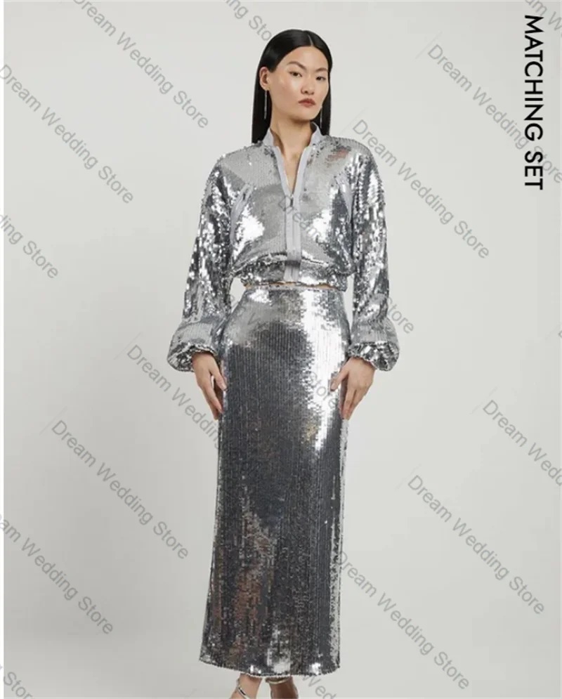 

Glitter Sequins Women Suit Skirt Set 2 Pcs Shirt+Prom Dress Formal Office Lady Jacket Customized Silver Guest Wedding Coat