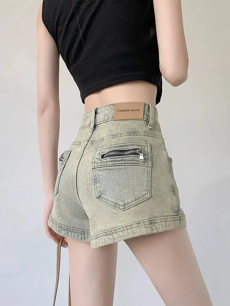 

High Waist A-Line Denim Shorts Women's Slim Fit Summer Elastic Super Short American Straight Leg Hot Pants Cotton Polyester B...