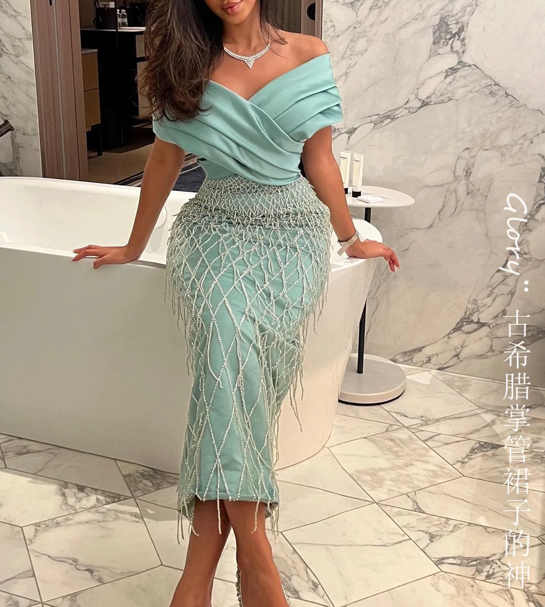 Blue Prom Dress For Women Bling Beaded Evening Dress Off The Shoulder Gorgeous Tulle Arabic Dubai Mermaid Dress Gala 2024