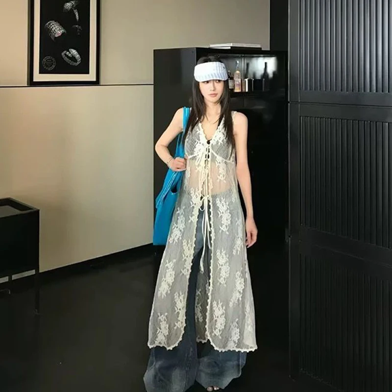 Abito con camicetta in pizzo albicocca Donna Estate Vacanza al mare Cardigan con lacci Moda coreana Harajuku Abiti senza maniche con scollo a V sexy