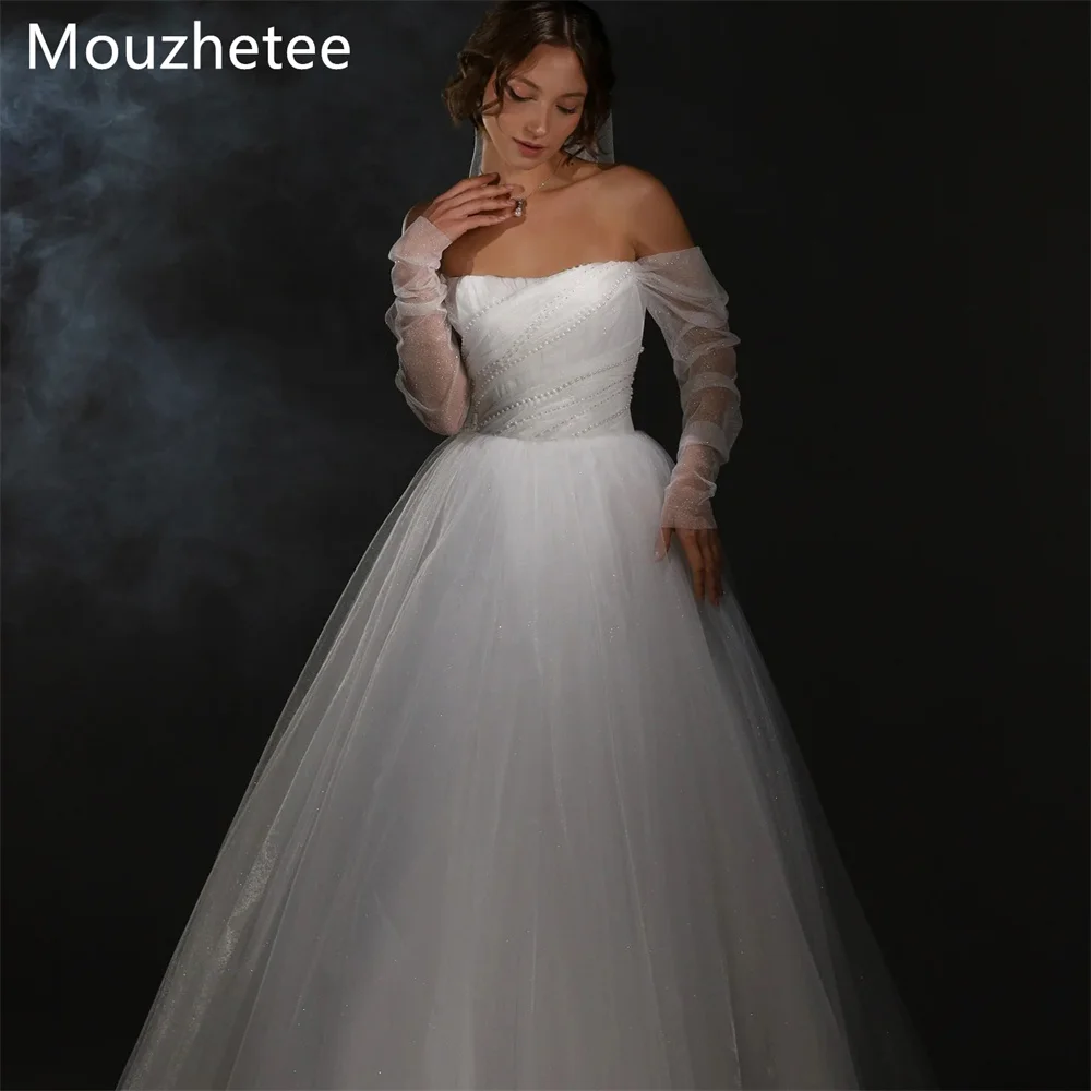 

Booma A-Line Simple Off The Shoulder Pearls Pleat Wedding Dresses Long Sleeve Elegant Brides Gown Custom Made 2026